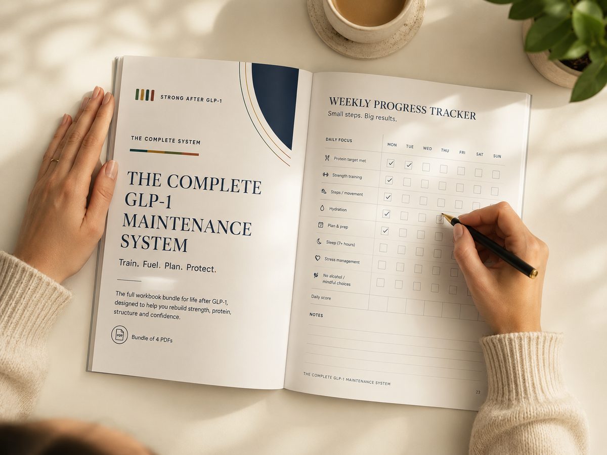 Hands filling in the Weekly Progress Tracker page of the printed Complete GLP-1 Maintenance System workbook, with a coffee and a plant on a calm cream desk